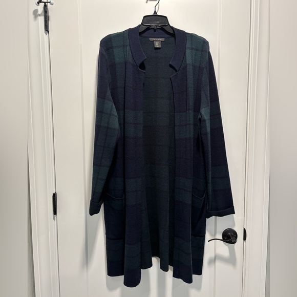 Tahari Blue Green Black Watch Plaid Pocketed Long Cardigan Sweater - Picture 1 of 5